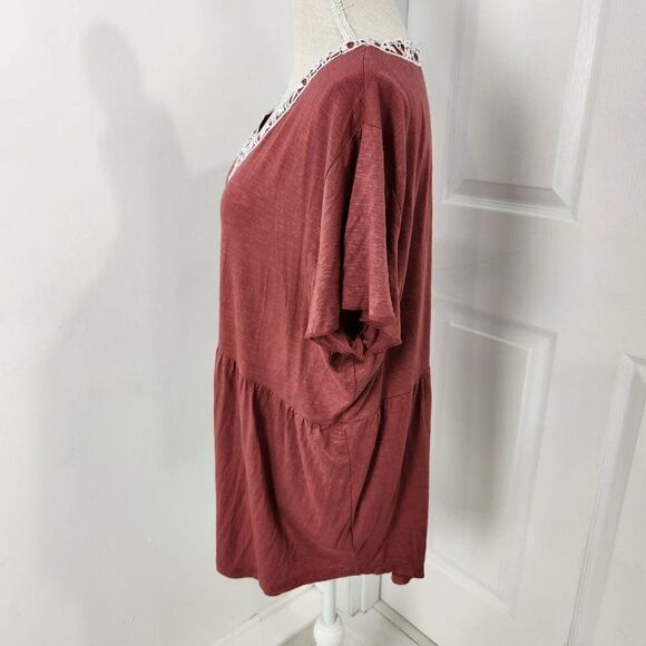 Amaryllis Top Womens 1X Brown Babydoll Boho Embroidered Rayon Stretch Flowy - Picture 4 of 14